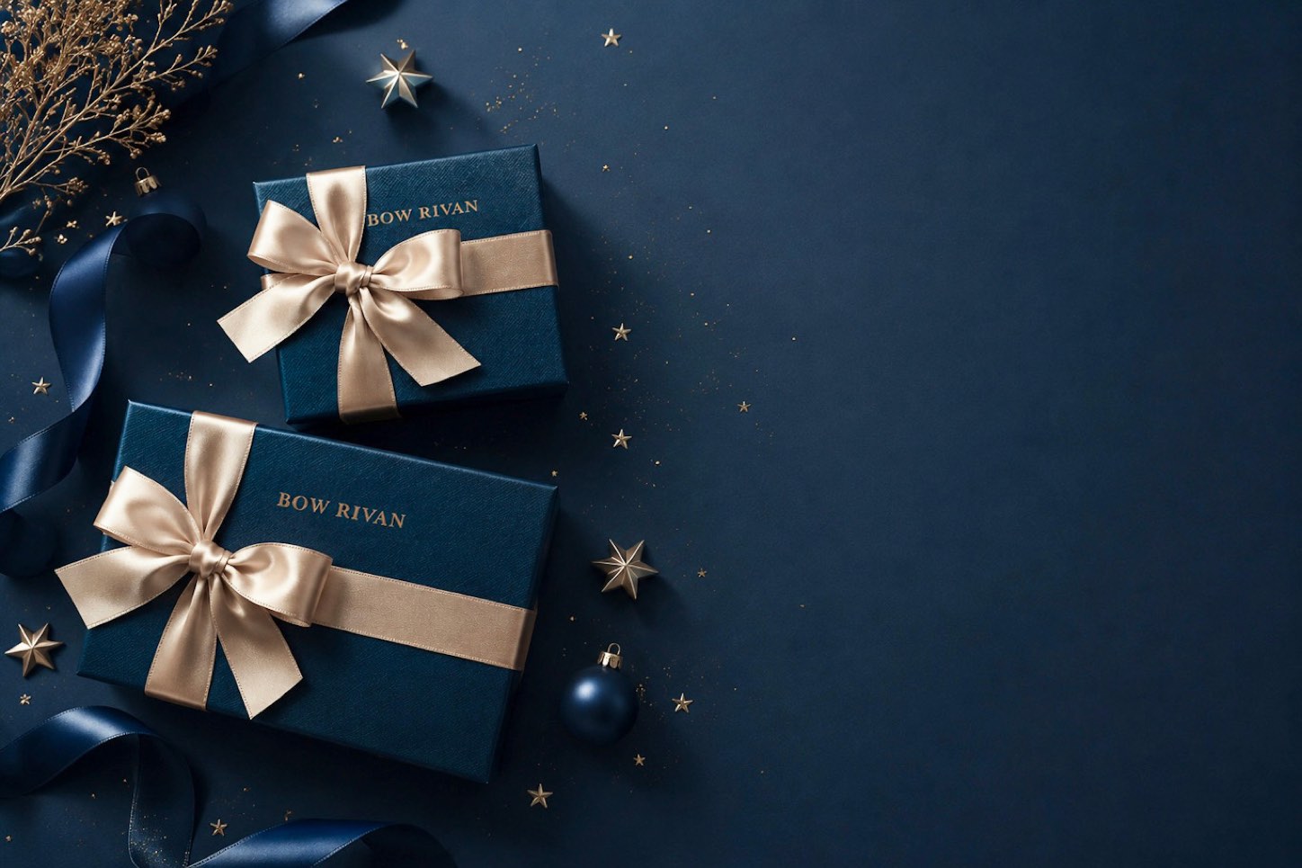 紺色のボックスにゴールドのリボンを合わせたBOW RIVANのクリスマスギフト