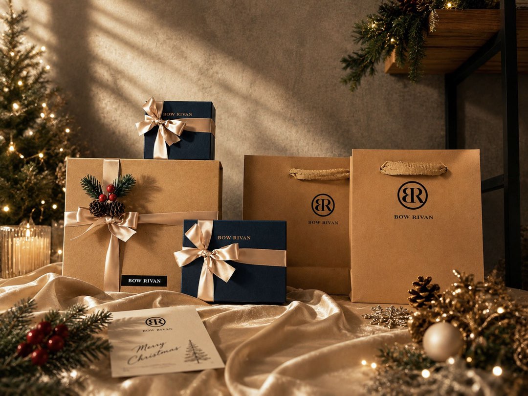 BOW RIVANのクリスマスギフトボックスとショッピングバッグ