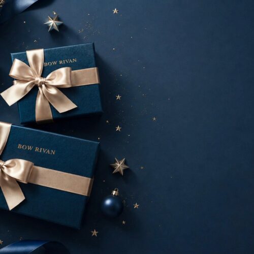 紺色のボックスにゴールドのリボンを合わせたBOW RIVANのクリスマスギフト